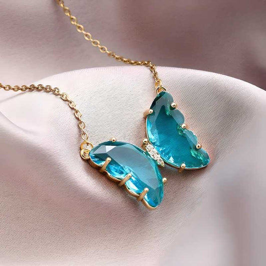 Pretty blue crystal butterfly pendant necklace for women and Girls