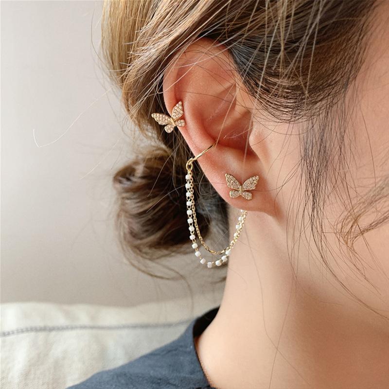 High sense of asymmetric butterfly pearl ear bone clip earrings