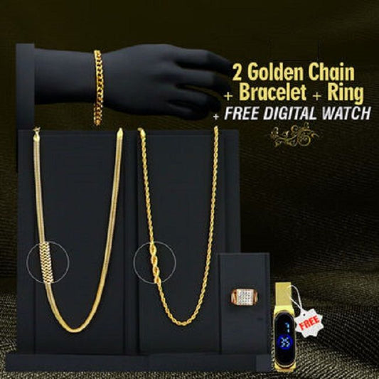 Golden Chain With Golden Bracelet And Diamond Ring + Free Digital Watch Combo