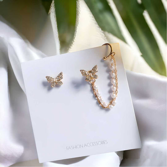 High sense of asymmetric butterfly pearl ear bone clip earrings