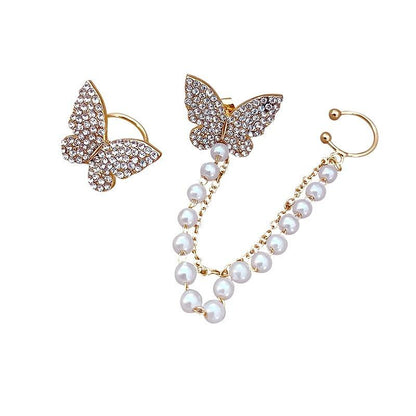 High sense of asymmetric butterfly pearl ear bone clip earrings